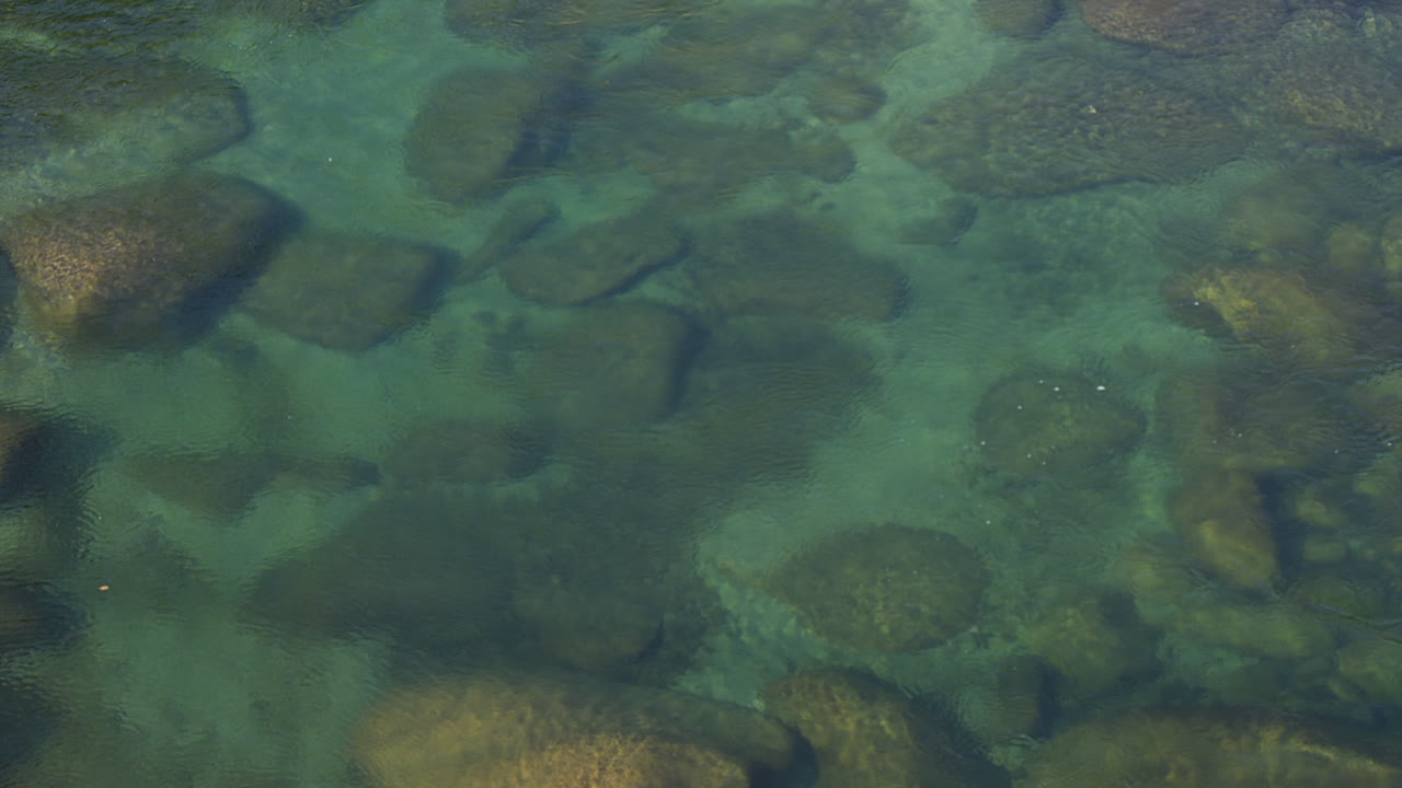 Primo piano di sfondo naturale: acqua verde limpida e poco profonda di un fiume con rocce
