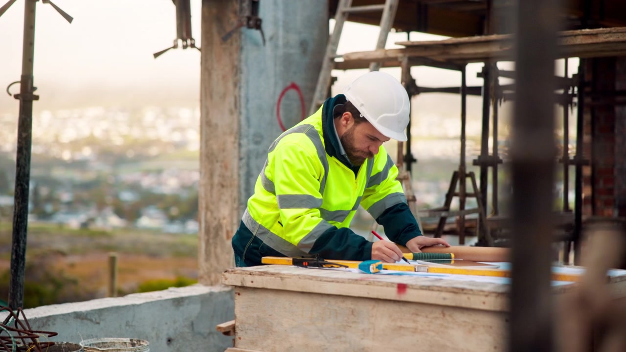 Construction Worker Reviewing Blueprints on a Building Site