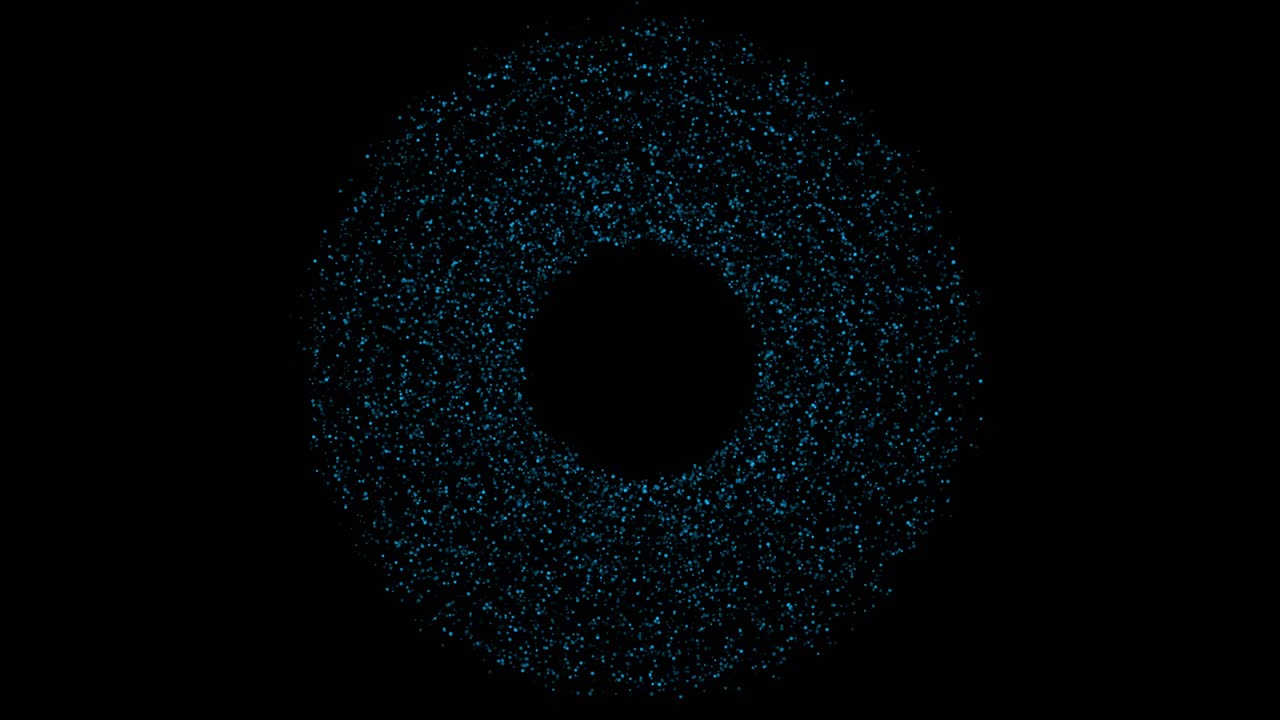 A dense ring of glowing blue particles swirls slowly on an isolated black background. Abstract seamless loop for science, technology, or fantasy visuals. Central copy space