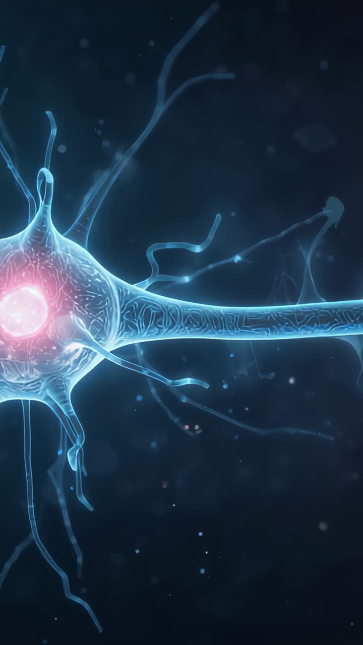 Vertical video: Pulsing soma with glowing core sending hotspots along axon in tissue for signaling