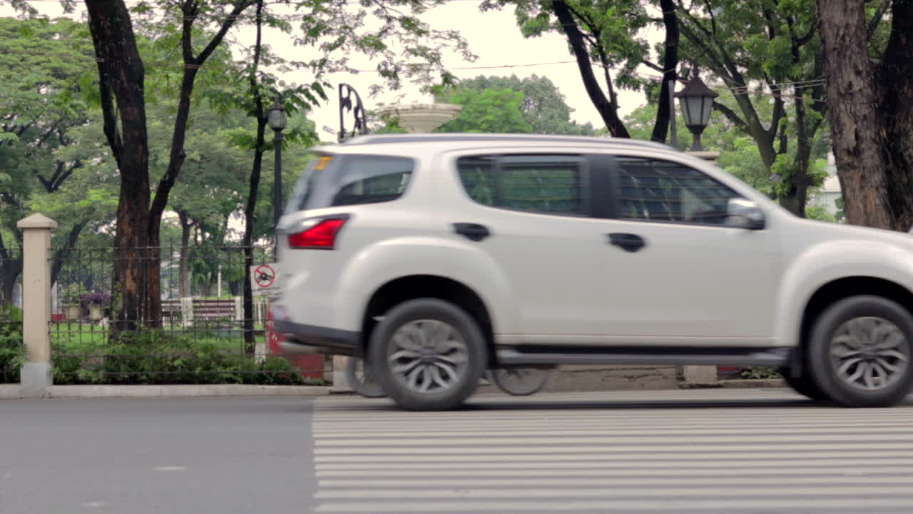 Busy street view with cars passing by at a public park, where people walking.