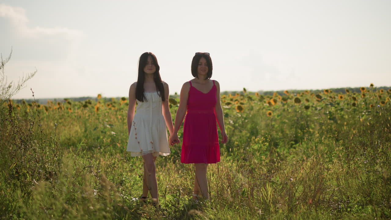 dos mujeres caminando por un campo de girasoles, vista frontal con caras sonrientes, vestidos blancos y rosas, cogidas de la mano, flores iluminadas por el sol, estilo de moda casual, sesión de estilo de vida para un blog de viajes, risas espontáneas, ambiente cálido