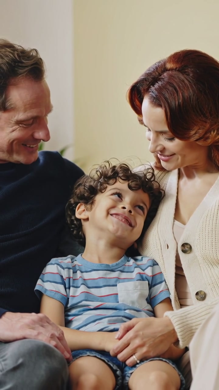 Vertical video: Smiling boy in striped tee on sofa, mom in knit leaning, touching, making him laugh