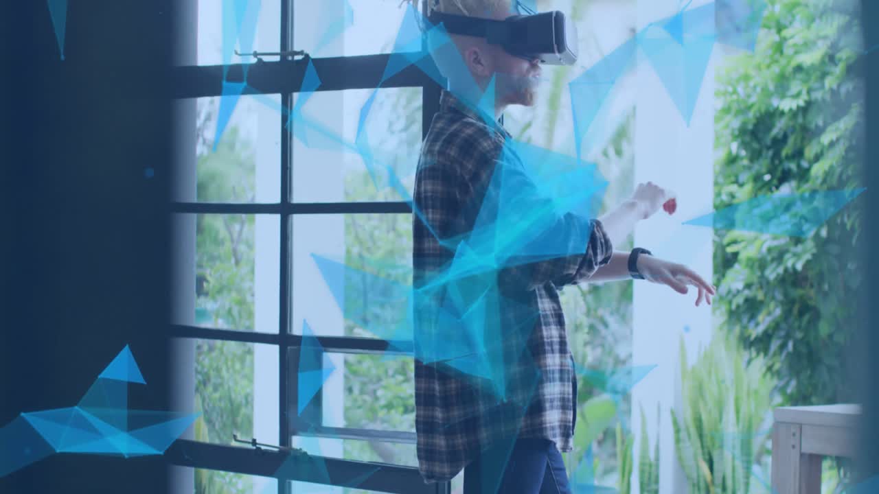 Animation of shapes over albino african american businessman using vr headset