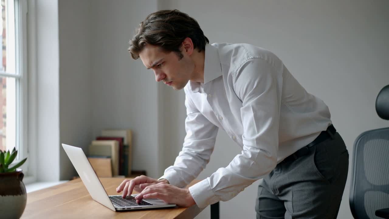 Uomo in camicia bianca arriva nell'ufficio di casa, digita al laptop, si ferma e poi riprende a digitare per lavoro.