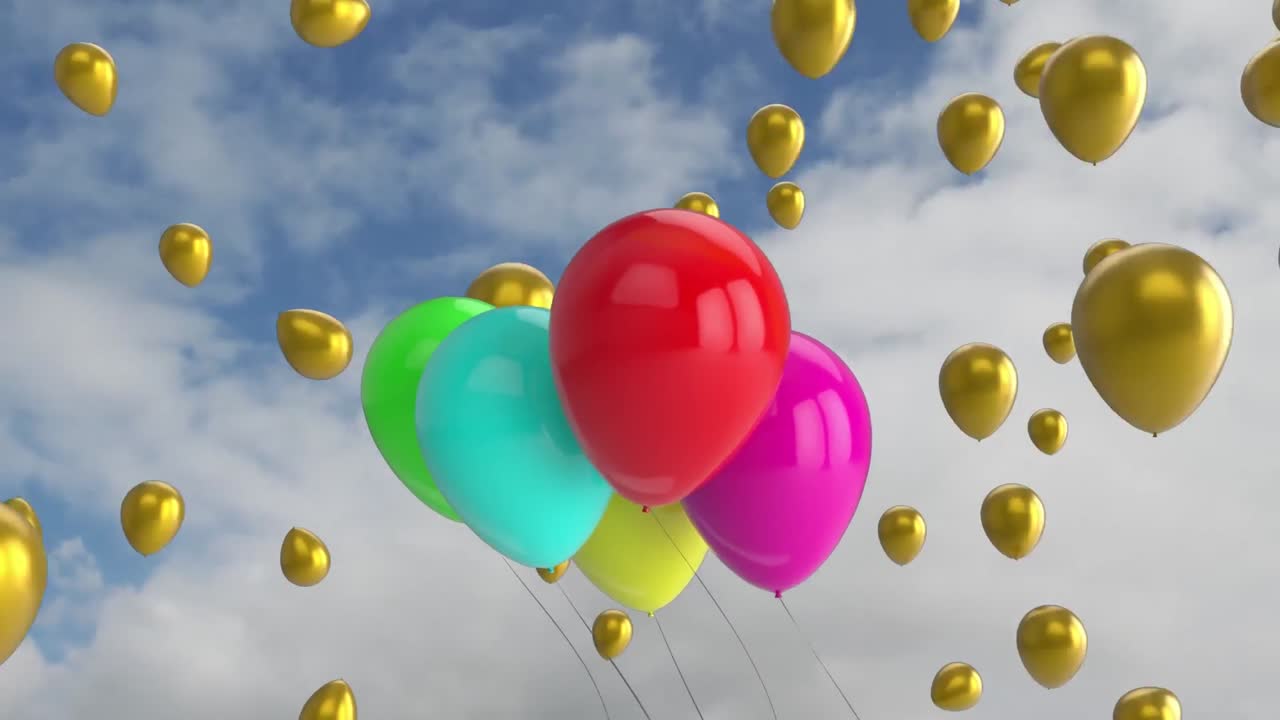 animación de un grupo de globos multicolores en el cielo