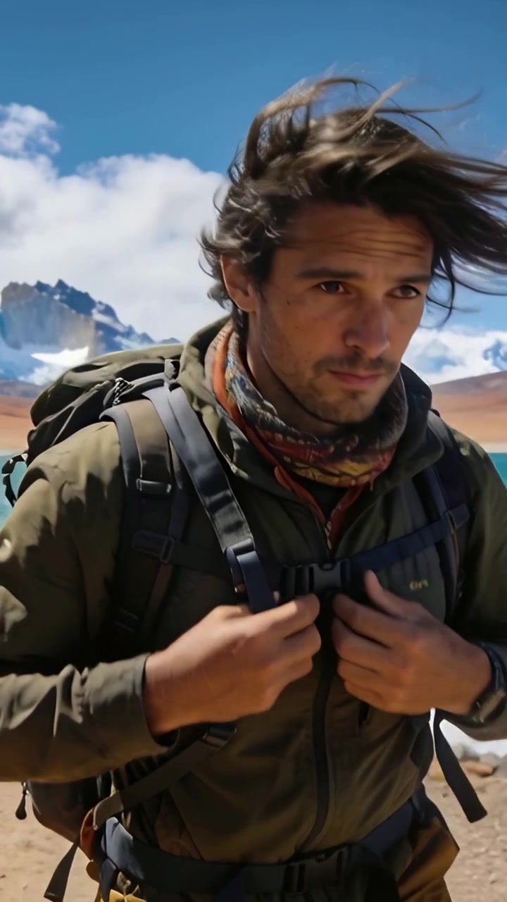 Video vertical: Excursionista ajustando la correa del pecho en un lago alpino con viento, chaqueta verde oliva, mochila