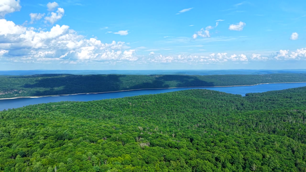 Expansive Thick Forest Line Of The Quabbin Reservoir Watershed From Pelham Lookout In Massachusetts, USA. Aerial Wide Shot