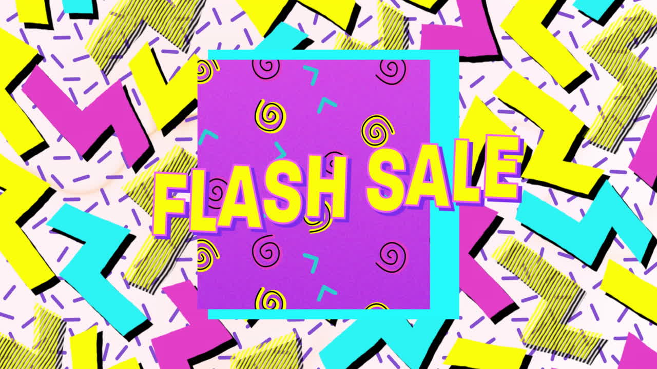 Testo "Flash Sale" su un banner viola su forme astratte colorate su sfondo bianco.