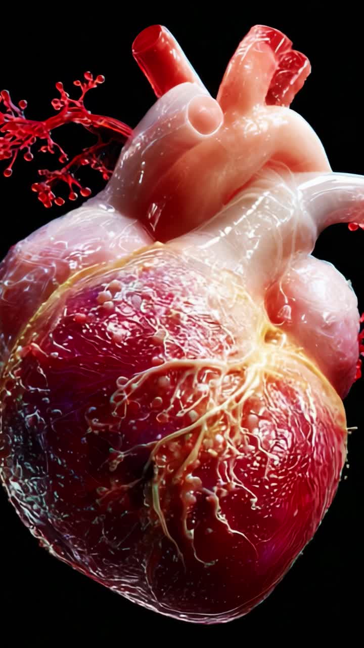 Dettagliato primo piano di un cuore umano che illustra i vasi sanguigni, la struttura dei tessuti e le caratteristiche anatomiche vitali per scopi didattici nell'illustrazione medica