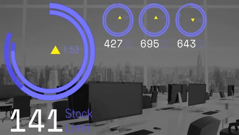 Animation-of-stock-market-data-processing-against-empty-office