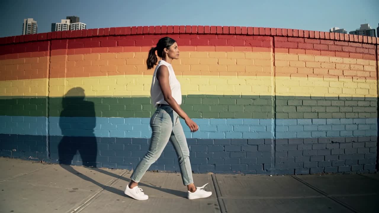 Walking woman in white tank jeans entering frame crossing sidewalk past rainbow wall, shadow moving