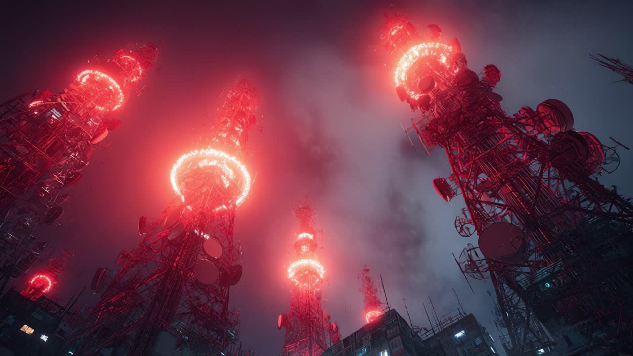Dystopian communication towers emitting a powerful red signal into a foggy night sky, creating an ominous and futuristic atmosphere representing advanced telecommunication and surveillance