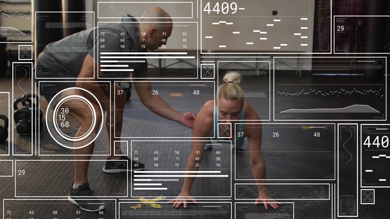 Woman trainee performing pushups on fitness floor, coach cueing start, fixing form, data overlaying
