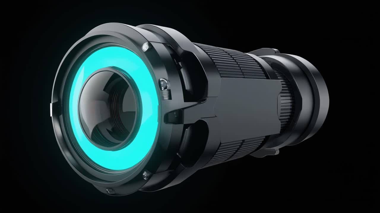 Obiettivo fotografico futuristico con luce ciano brillante