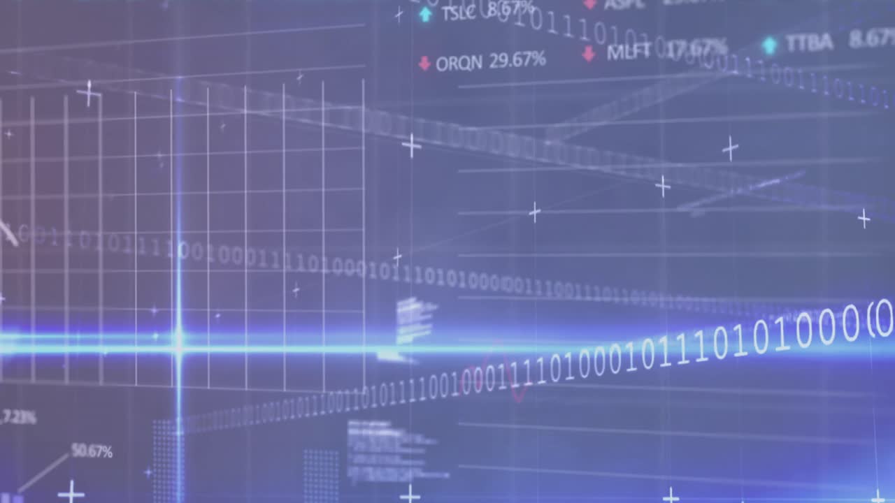 Animation of financial data processing and binary coding over grid on purple background