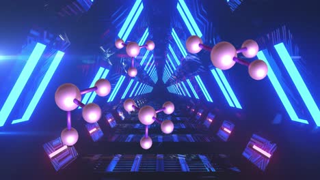 Animation-Eines-Makros-Von-Molekülen-Im-Blauen-Neontunnelhintergrund