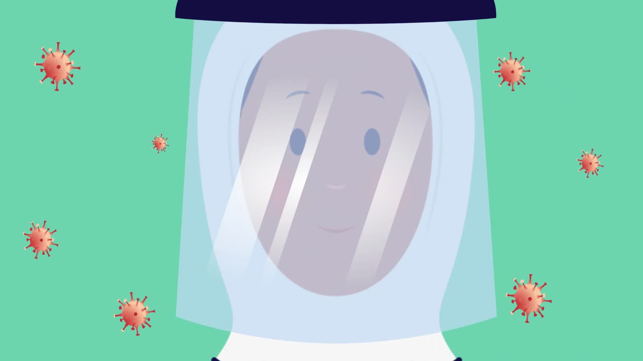 코로나 19 바이러스 세포가 움직이는 코로나 19 바이러스 세포 위에 얼굴 방패를 쓴 여성의 애니메이션