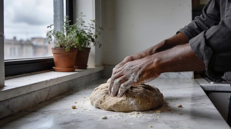 Flour falling as man rubbing, folding tucking dough on marble top, sleeves rolled