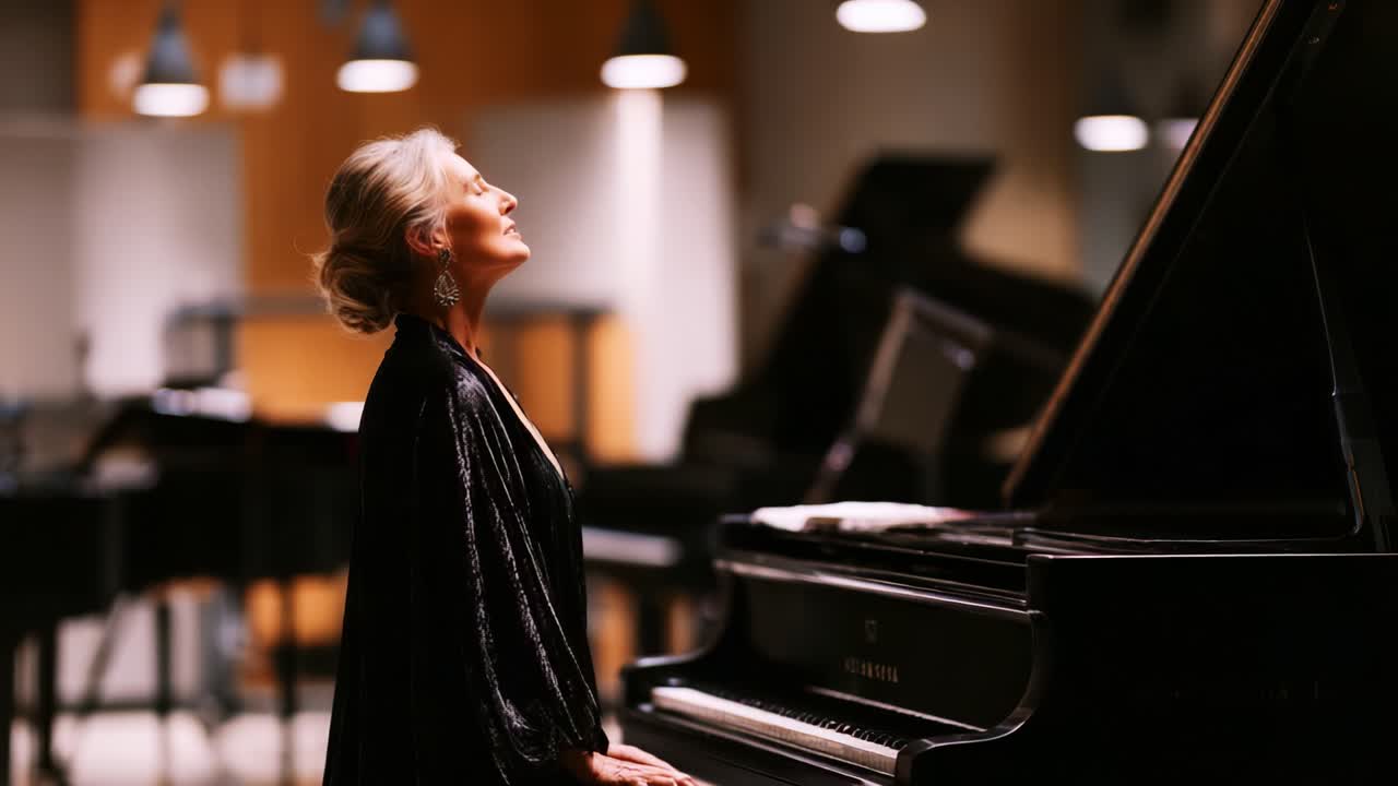 A Soulful Pianist in a Serene Setting, Deeply Engrossed in Music, With Light Illuminating Her Expression, Evoking Emotion and Passion Through Her Musical Artistry and Presence