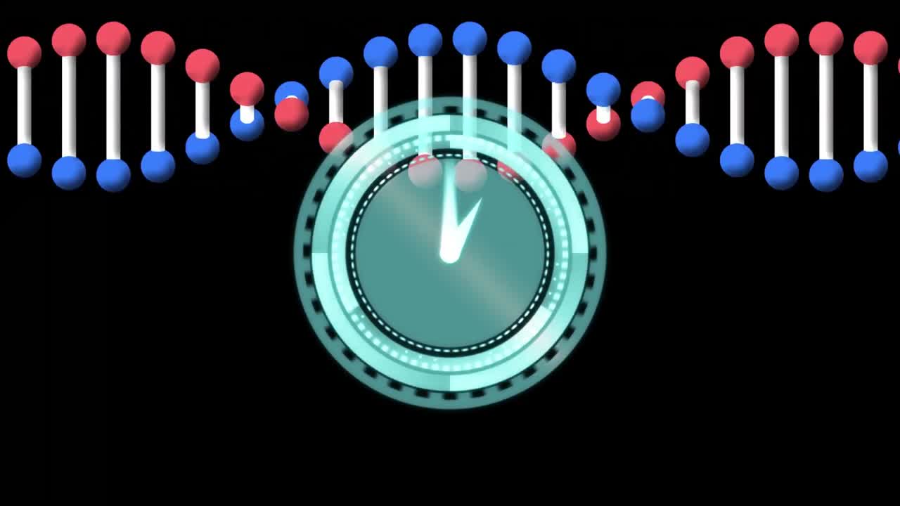 검은 바탕 위의 dna 가닥과 시계의 애니메이션