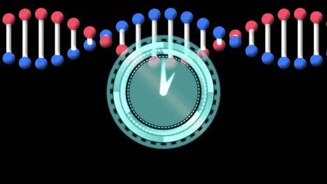 Animación-De-Cadena-De-ADN-Y-Reloj-Sobre-Fondo-Negro.