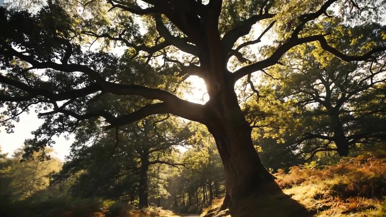 Moving camera approaching oak tree along dirt path revealing trunk, sun flare, ferns, dappled shade