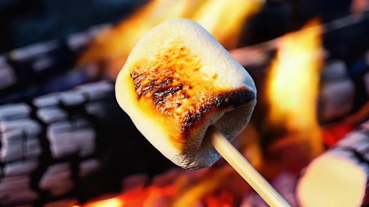 Arrostire marshmallow su spiedini nel fuoco di notte.