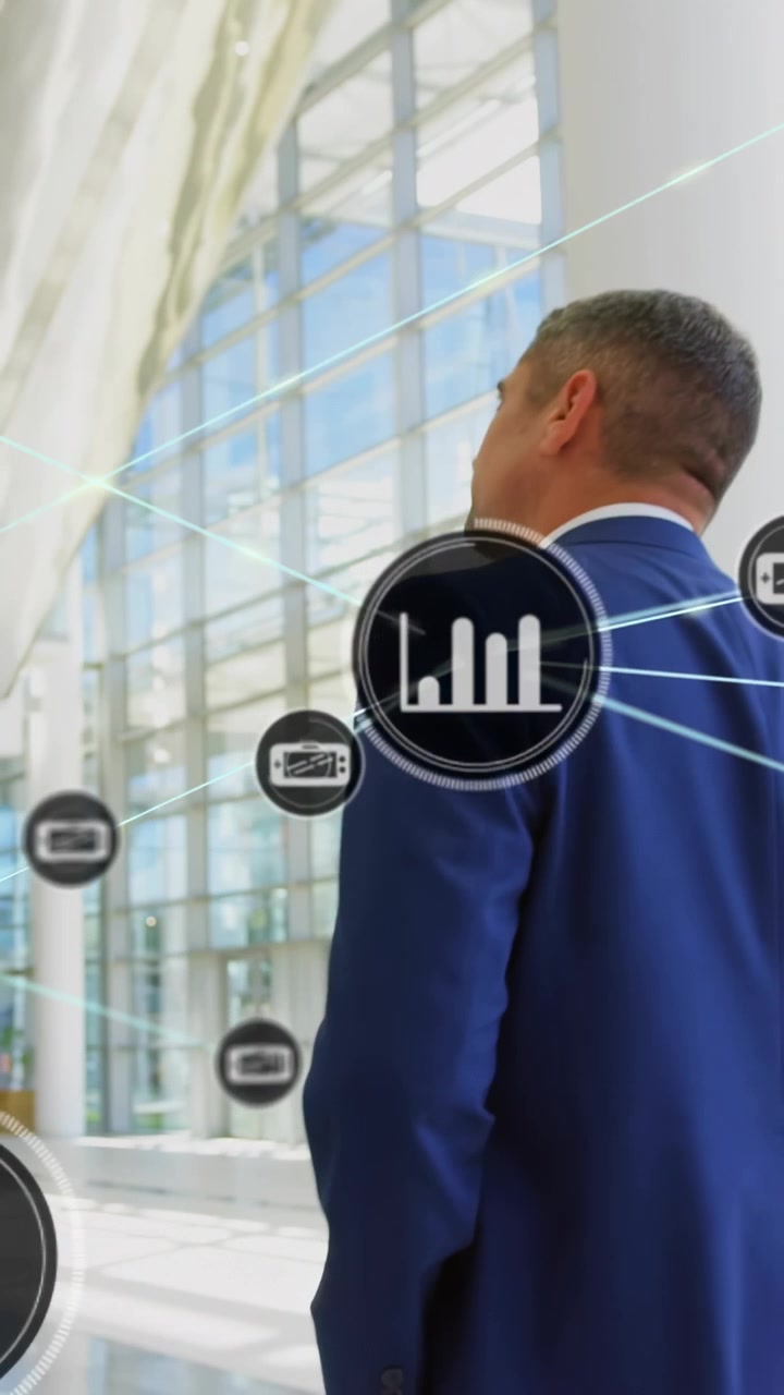 Vertical video: Overlay near back sparking data icons forming web around man walking, showing links
