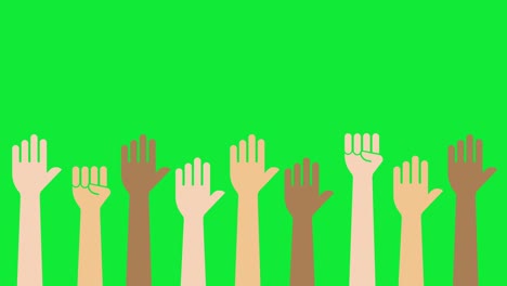 4k animation of various races raising their hands . green background for chroma key use.