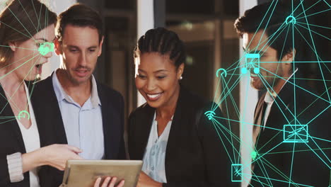 Business team discussing over digital network connections and data processing animation