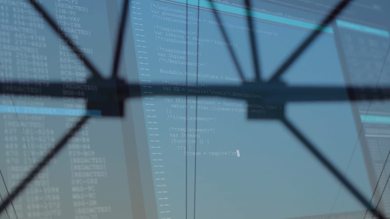 X-braced window frame projecting JavaScript code overlay revealing clear sky, 3D render