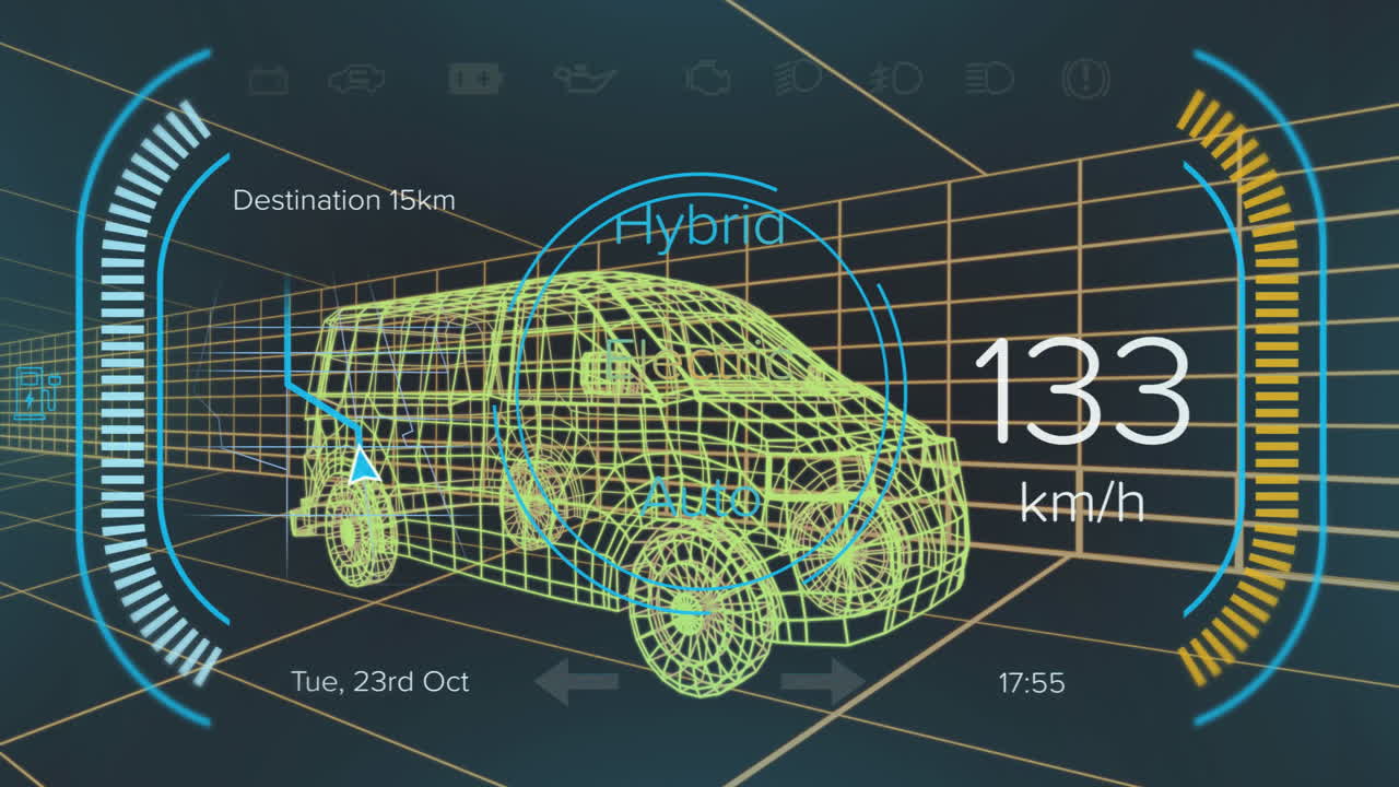 텍스트와 함께 스피도미터의 애니메이션, 검은 바탕에 대한 밴의 3d 모델을 통해 숫자를 변경