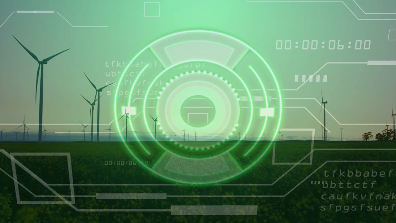 Timecode incrementing, neon HUD overlay pulsing, rotating rings, scrolling data monitoring windfarm