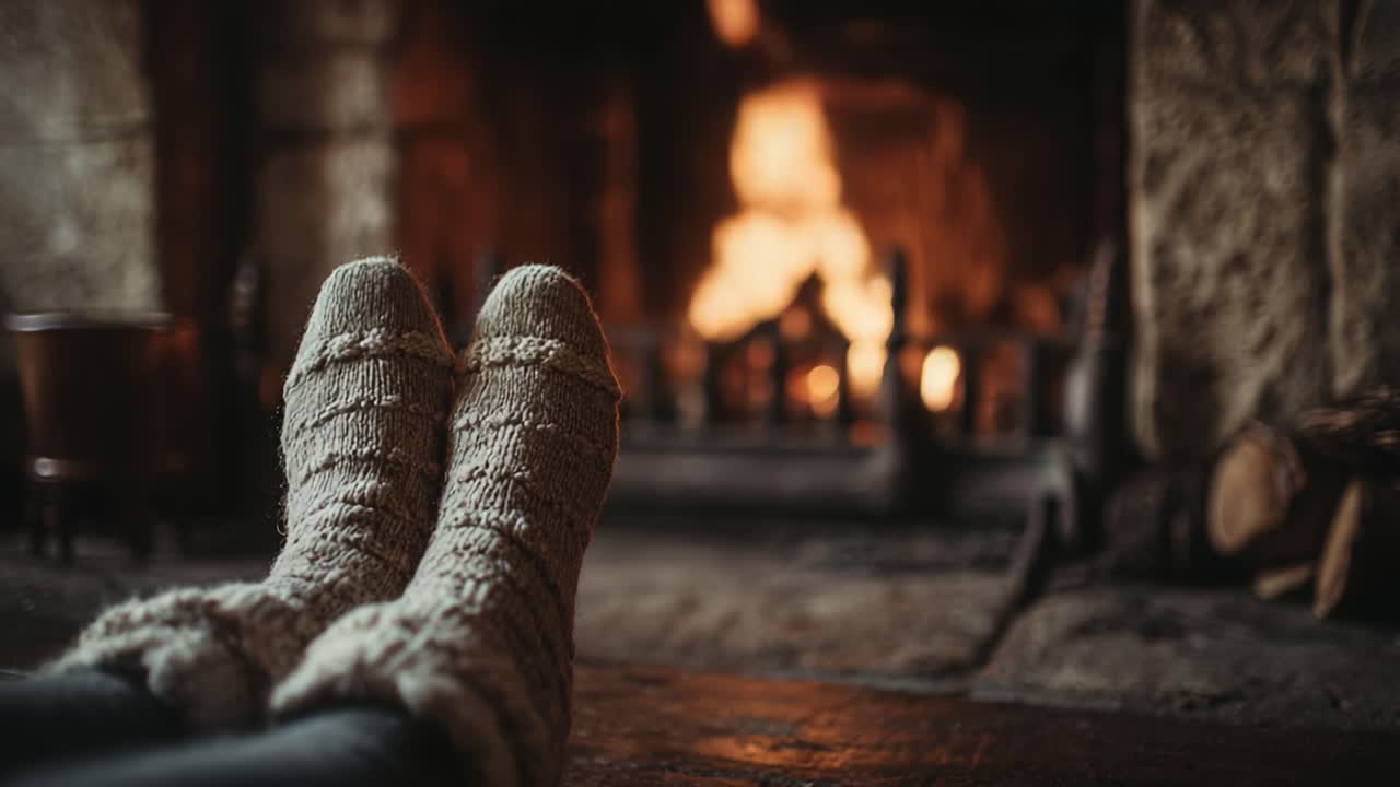 Cozy Winter Evening with Warm Feet by the Fireplace: A Serene Atmosphere of Comfort and Relaxation in a Rustic Setting