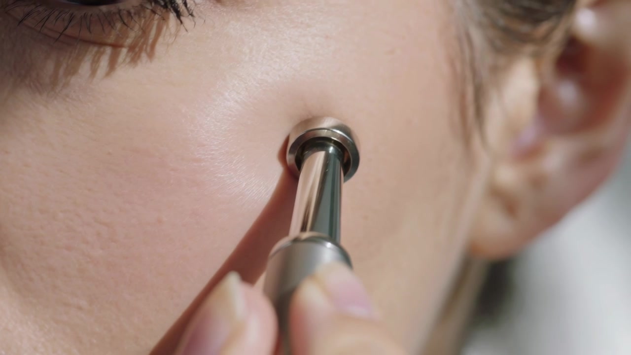 Aligning probe tip, operator fingers pressing metal probe into right cheek at vanity, treating skin