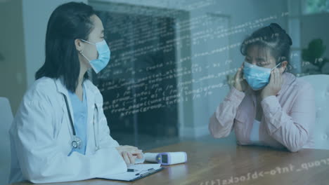 doctor consulting patient in health clinic, with floating stethoscope, clipboard, thermometer icons