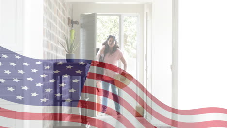 american flag animation over woman entering house with bag and hat