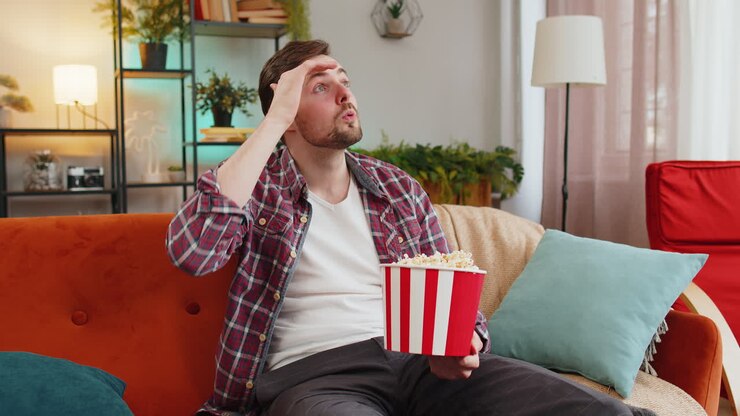 Spændt mand spiser popcorn ser interessant tv-serie sportsspil online film sidder på hjemmesofaen