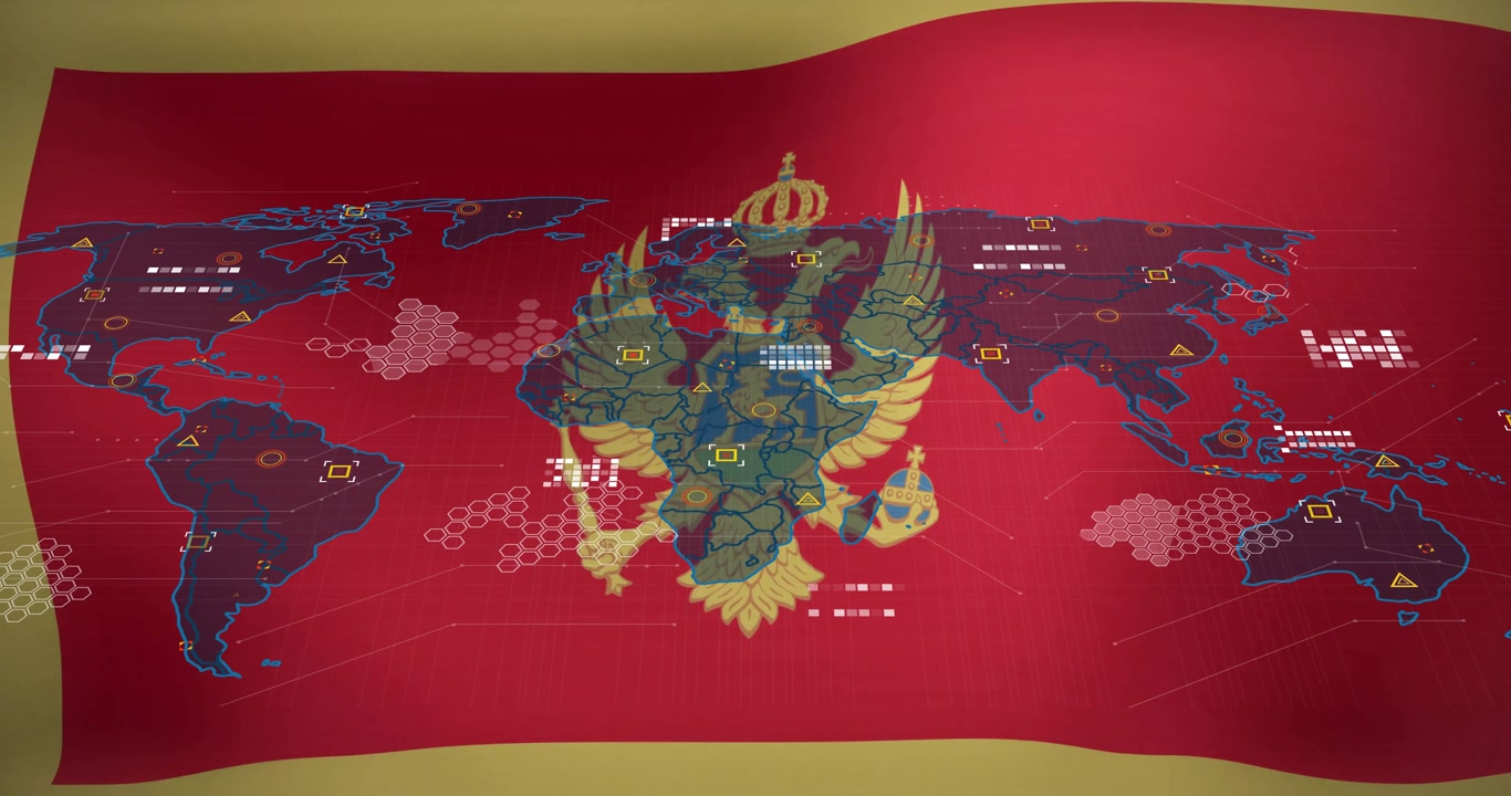 Red flag waving, world map emerging over eagle crest, nodes tracing continents visualizing network