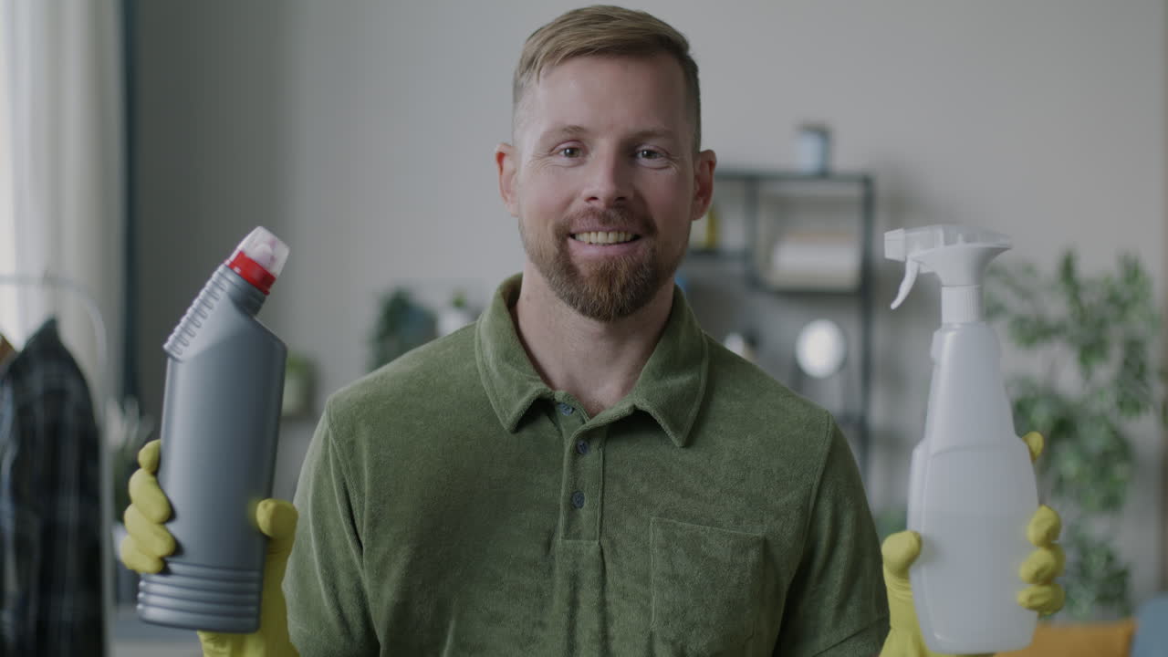 Man Holding Cleaning Supplies