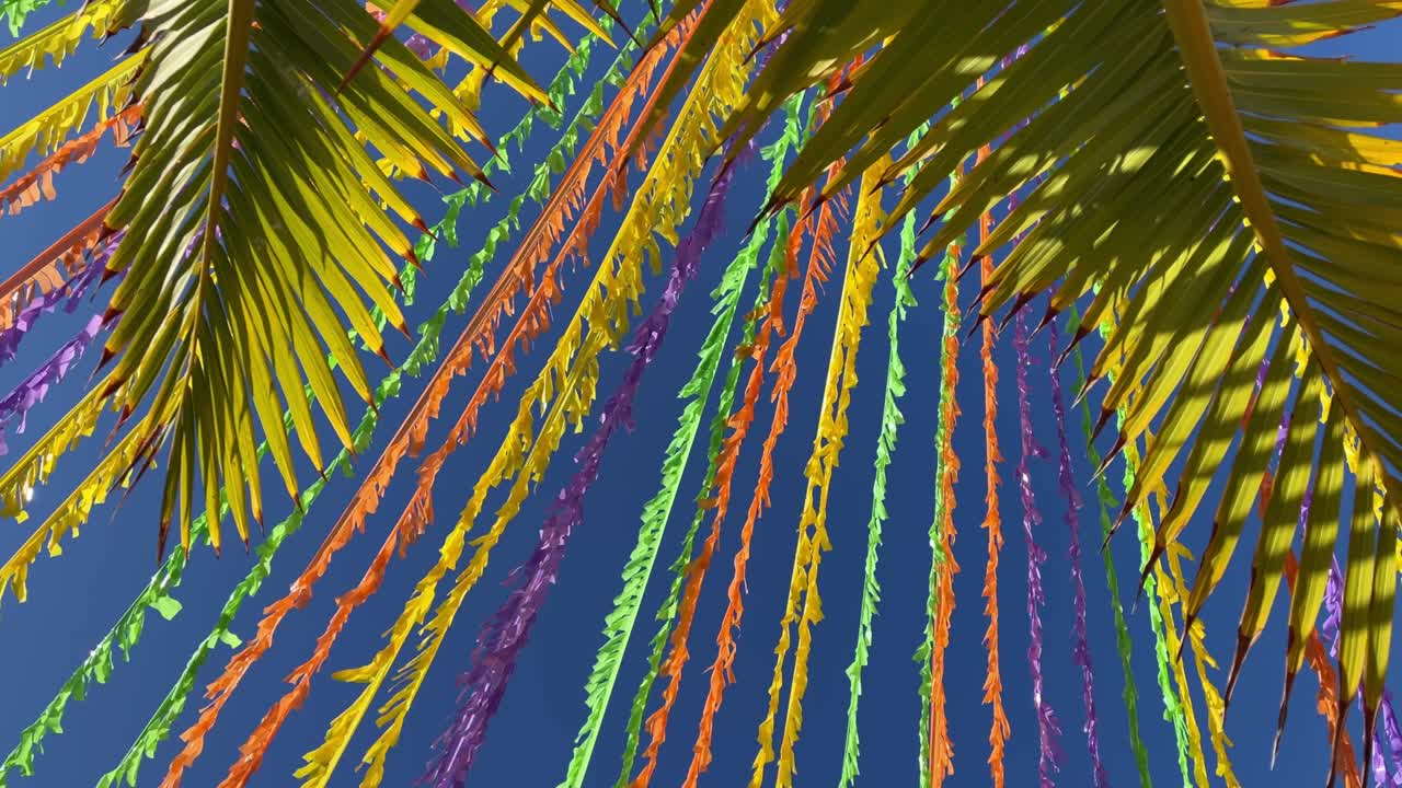 cintas multicolores que decoran la calle frente al cielo azul y las hojas de palma. 4k