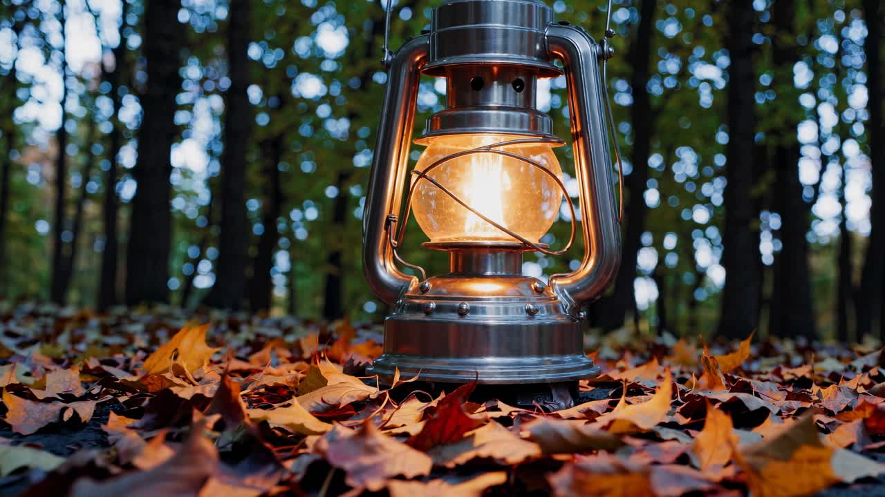 Close-up, low-angle video of a vintage lantern glowing amidst autumn leaves in a forest