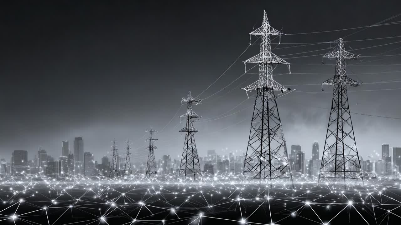 A Captivating Scene of Electric Power Transmission Towers Against a Vividly Networked Urban Landscape Illuminated by Connecting Lights and Dynamic Energy Flow