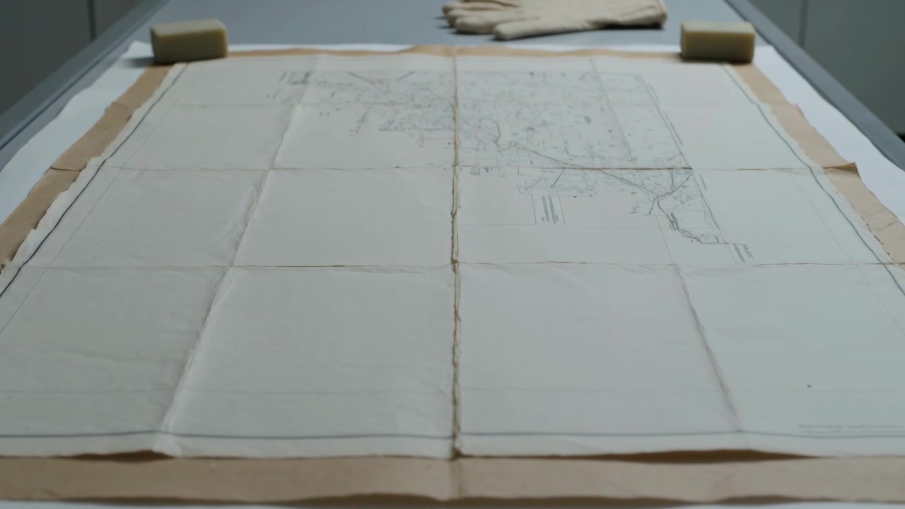 Camera moving documenting map on archival table, foam weights white gloves brown tape for scanning
