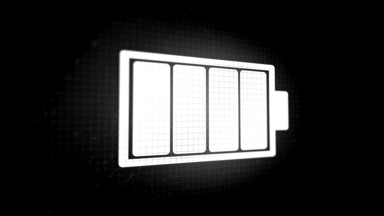 fondo animado en bucle con icono de carga de la batería de color blanco en la pantalla de píxeles negros. bucle sin costuras.