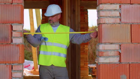 civil engineer architect specialist conducting measurements with a tape measure at construction site