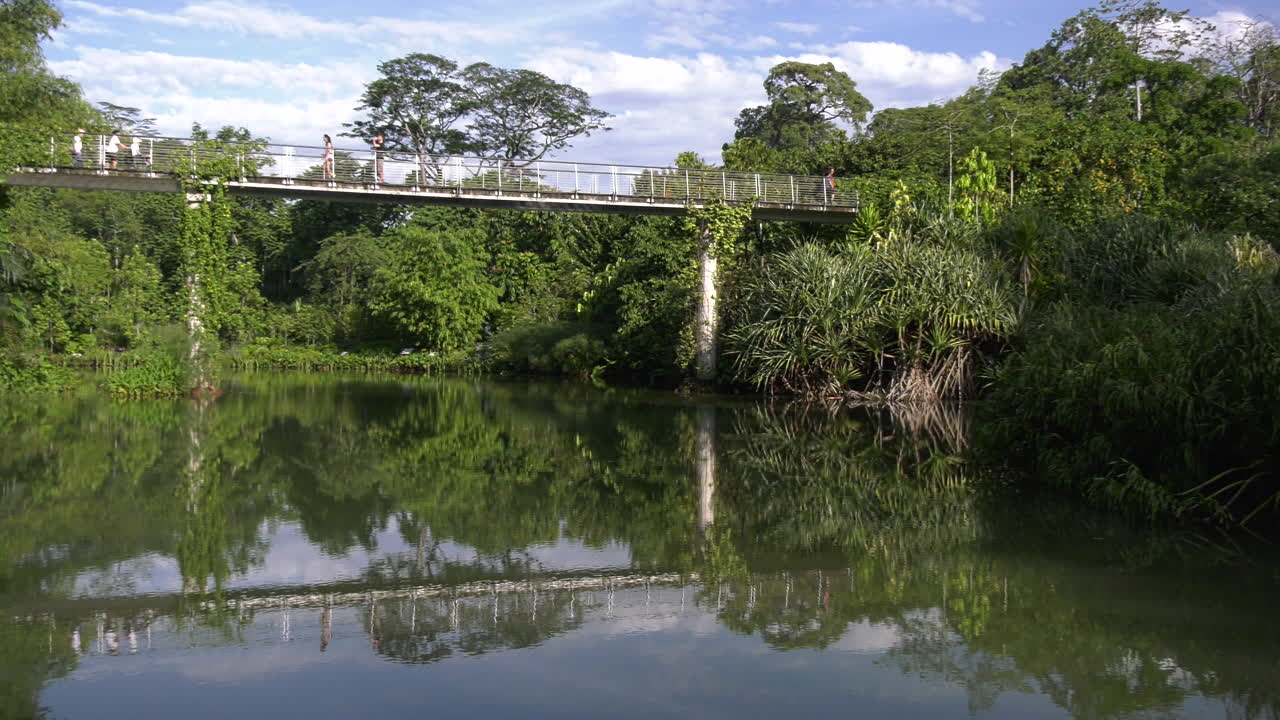 A pan shot of a bridge and its reflection with visitors walking at the Singapore Botanic Gardens