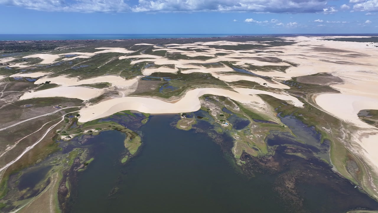 Lencois Piauienses ved Luis Correia i Piauí, Brasilien. Naturens små vandområder. Portinho-lagunen. Lencois Piauienses ved Luis Correia. Slyngede sandklitter. Regnvandssøer. Tropisk rejse