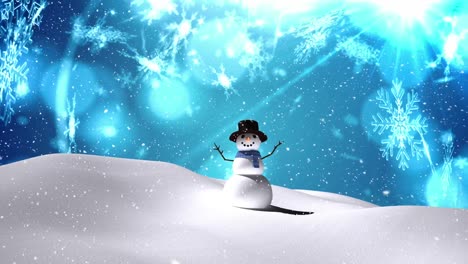 snow falling over snowman on winter landscape against snowflakes and spot of light